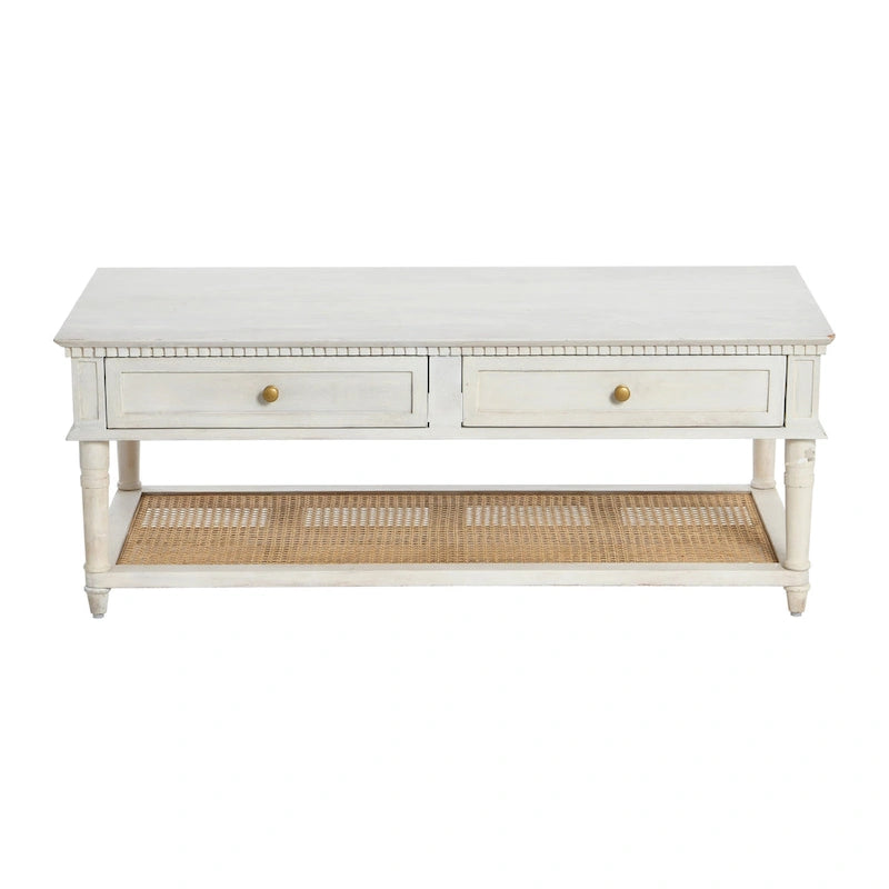 Table basse rectangulaire en bois massif avec deux tiroirs et étagère en cannage, Châtaignier foncé