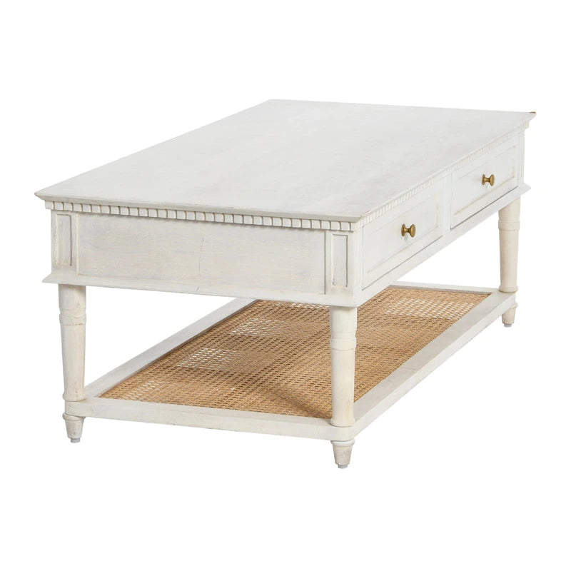 Table basse rectangulaire en bois massif avec deux tiroirs et étagère en cannage, Châtaignier foncé