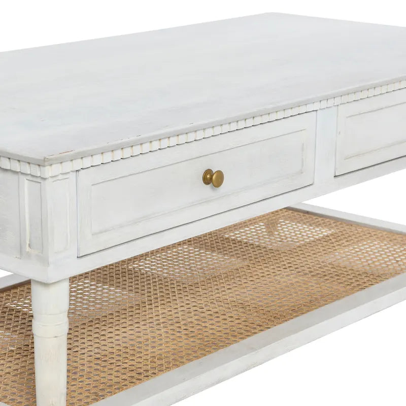 Table basse rectangulaire en bois massif avec deux tiroirs et étagère en cannage, Châtaignier foncé