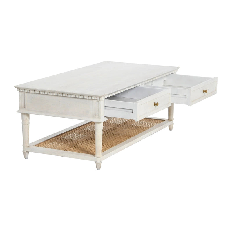 Table basse rectangulaire en bois massif avec deux tiroirs et étagère en cannage, Châtaignier foncé