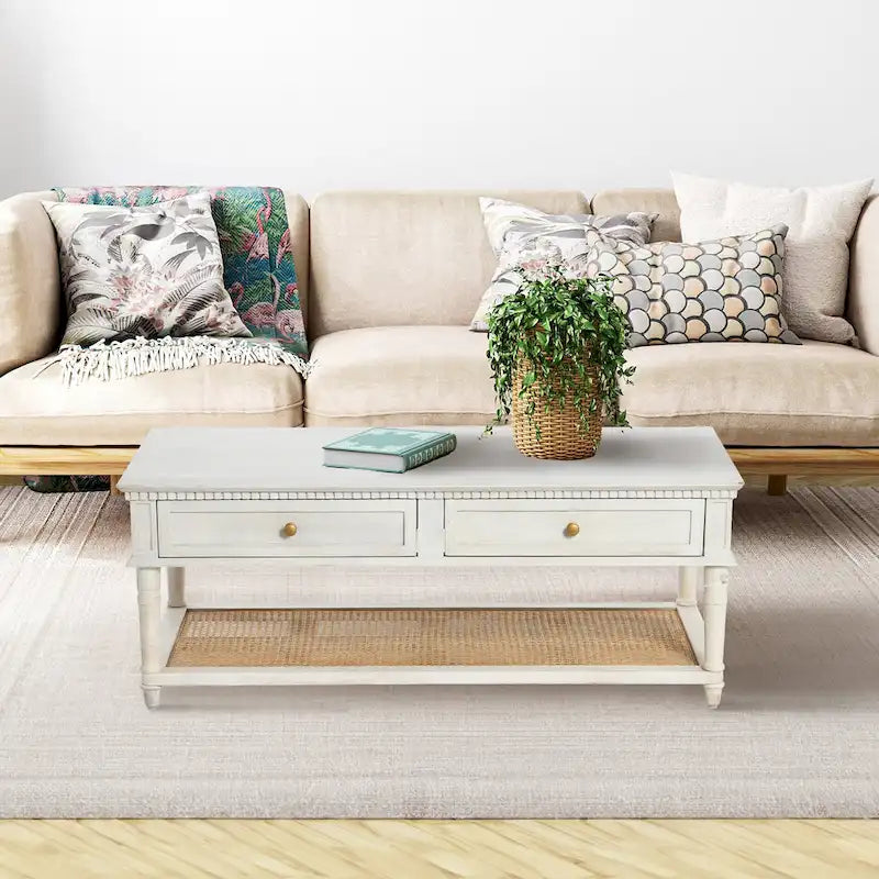 Table basse rectangulaire en bois massif avec deux tiroirs et étagère en cannage, Châtaignier foncé