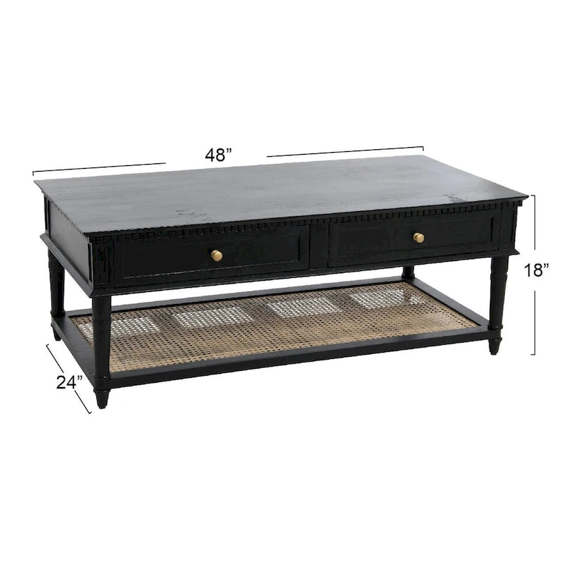 Table basse rectangulaire en bois massif avec deux tiroirs et étagère en cannage, Châtaignier foncé