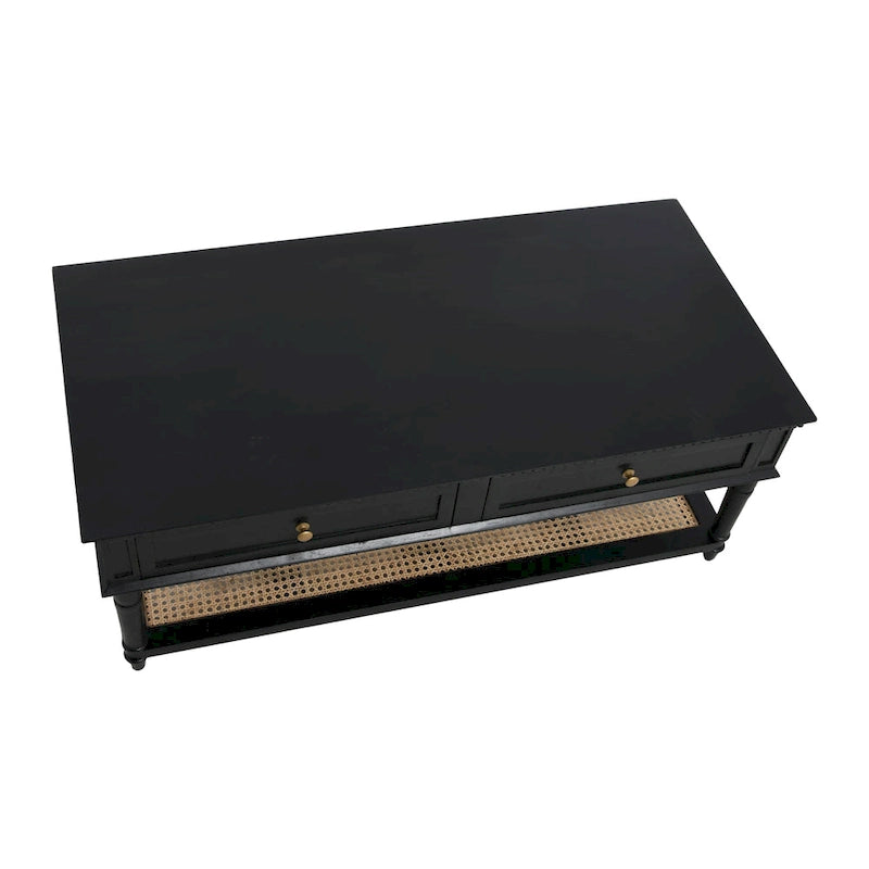 Table basse rectangulaire en bois massif avec deux tiroirs et étagère en cannage, Châtaignier foncé