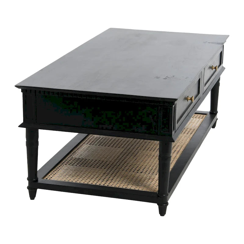 Table basse rectangulaire en bois massif avec deux tiroirs et étagère en cannage, Châtaignier foncé