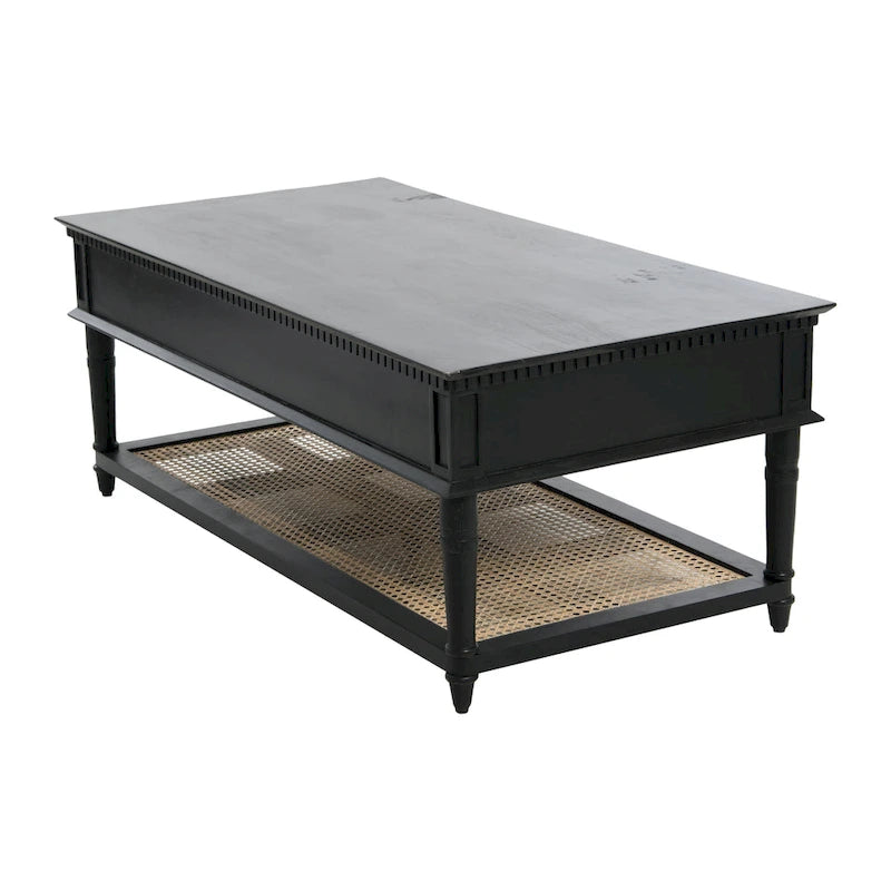 Table basse rectangulaire en bois massif avec deux tiroirs et étagère en cannage, Châtaignier foncé