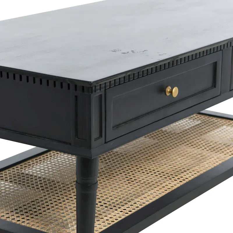 Table basse rectangulaire en bois massif avec deux tiroirs et étagère en cannage, Châtaignier foncé