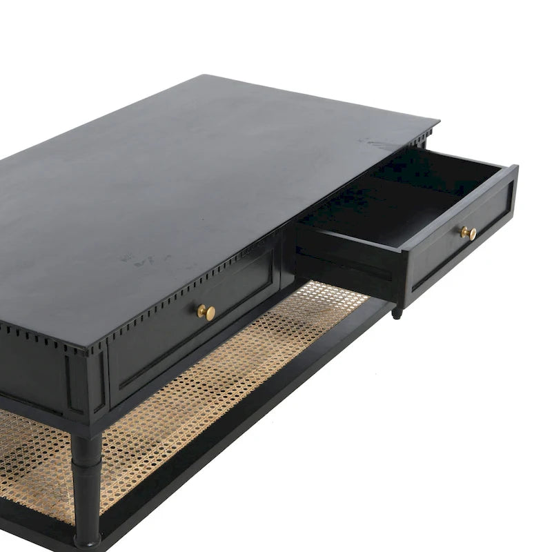Table basse rectangulaire en bois massif avec deux tiroirs et étagère en cannage, Châtaignier foncé