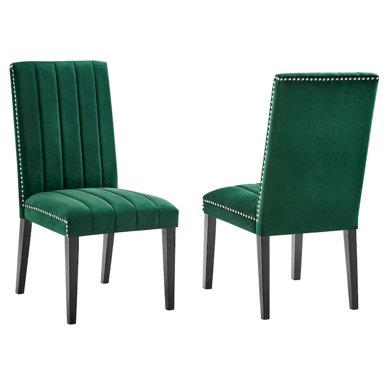 Chaise de salle à manger en velours avec capitonnage à canaux et garniture cloutée