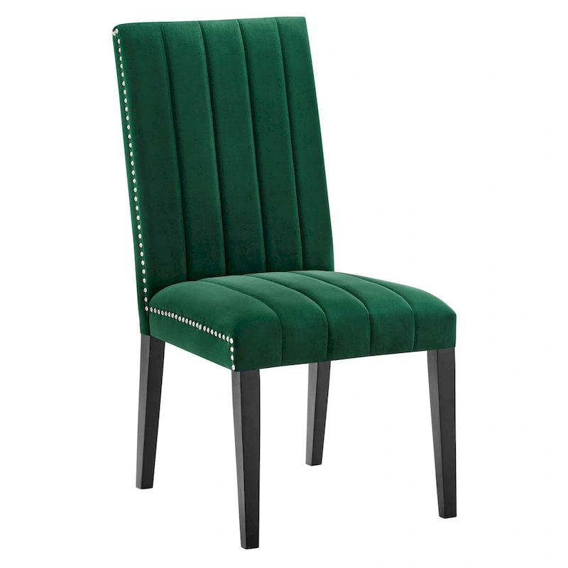 Chaise de salle à manger en velours avec capitonnage à canaux et garniture cloutée