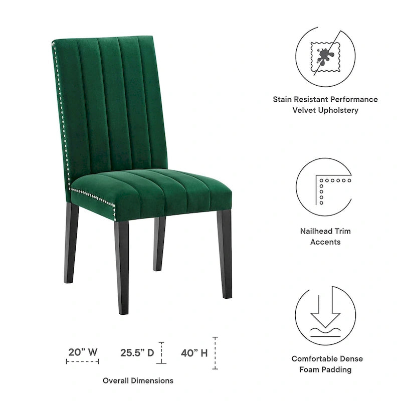 Chaise de salle à manger en velours avec capitonnage à canaux et garniture cloutée