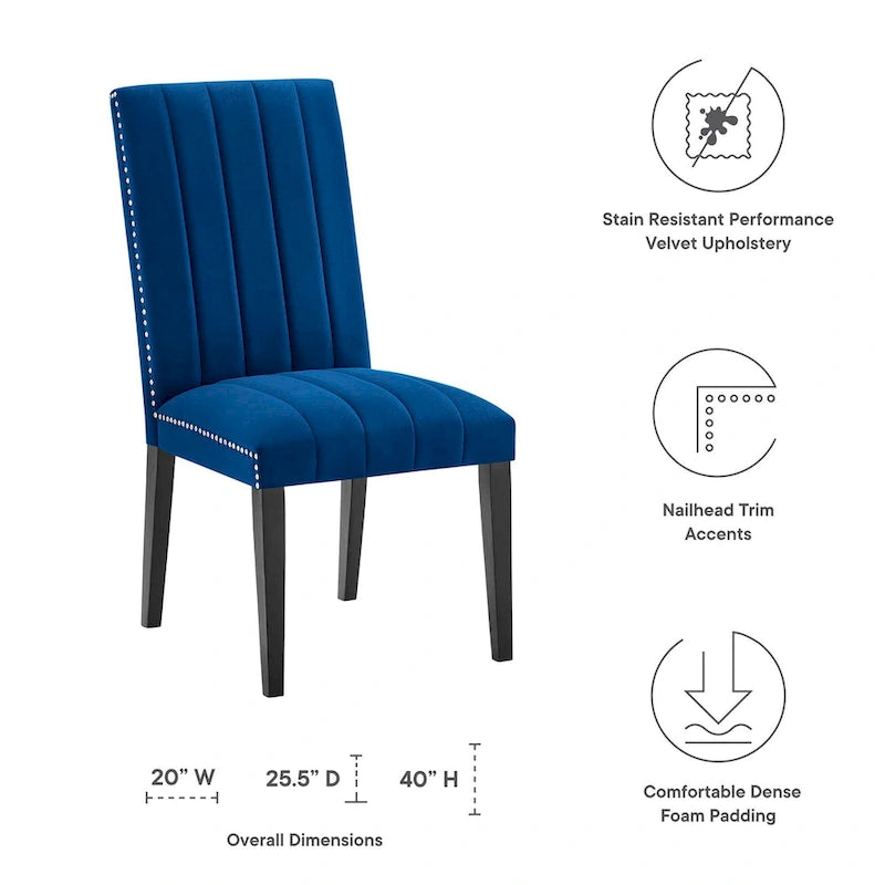 Chaise de salle à manger en velours avec capitonnage à canaux et garniture cloutée