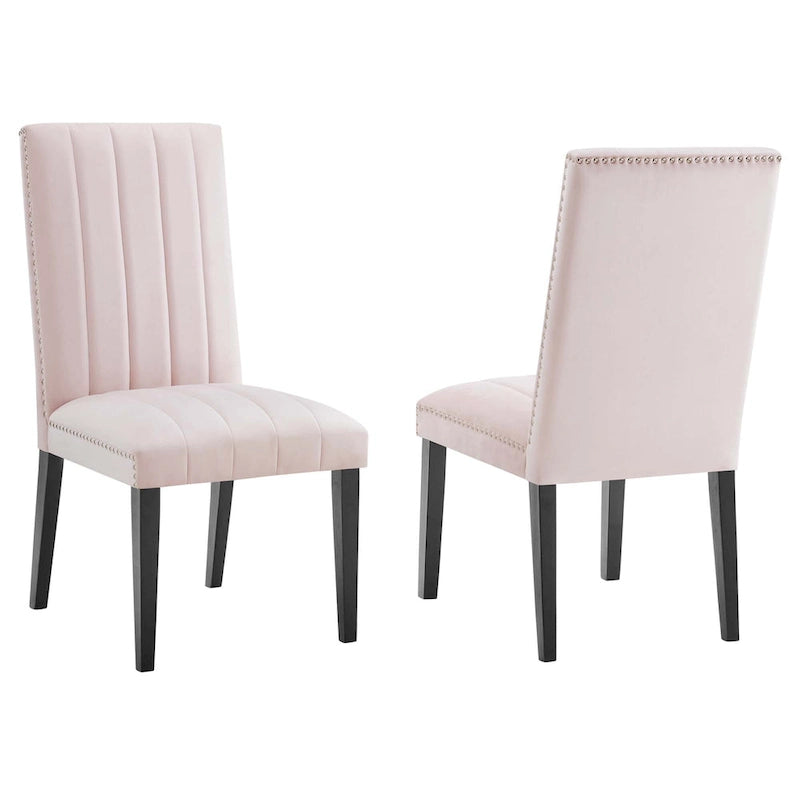 Chaise de salle à manger en velours avec capitonnage à canaux et garniture cloutée