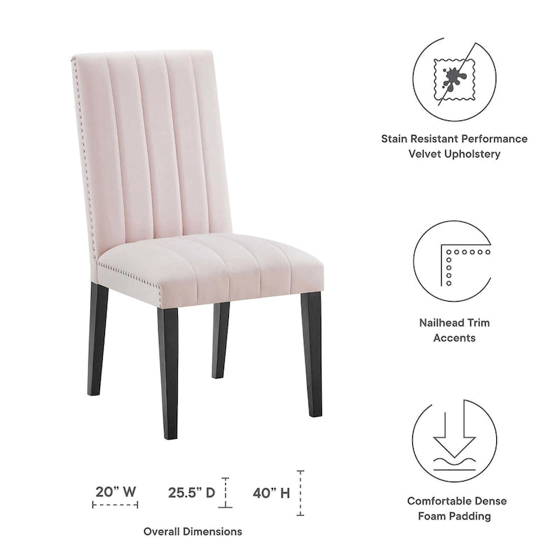 Chaise de salle à manger en velours avec capitonnage à canaux et garniture cloutée