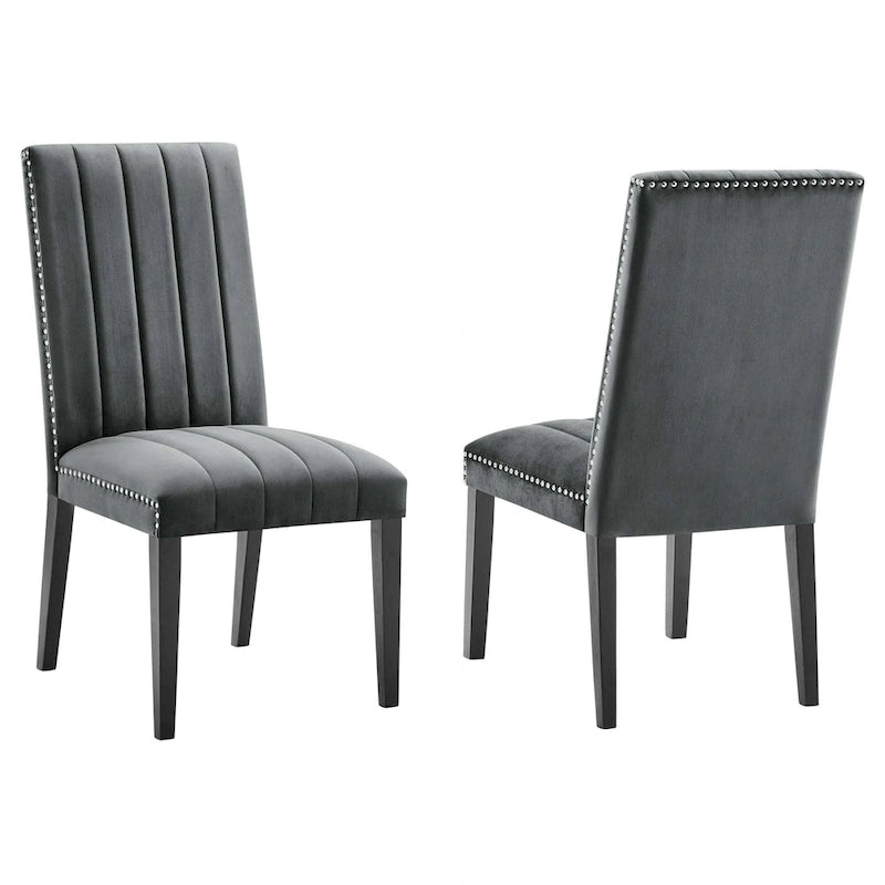 Chaise de salle à manger en velours avec capitonnage à canaux et garniture cloutée
