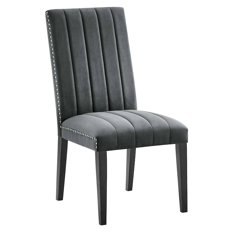 Chaise de salle à manger en velours avec capitonnage à canaux et garniture cloutée