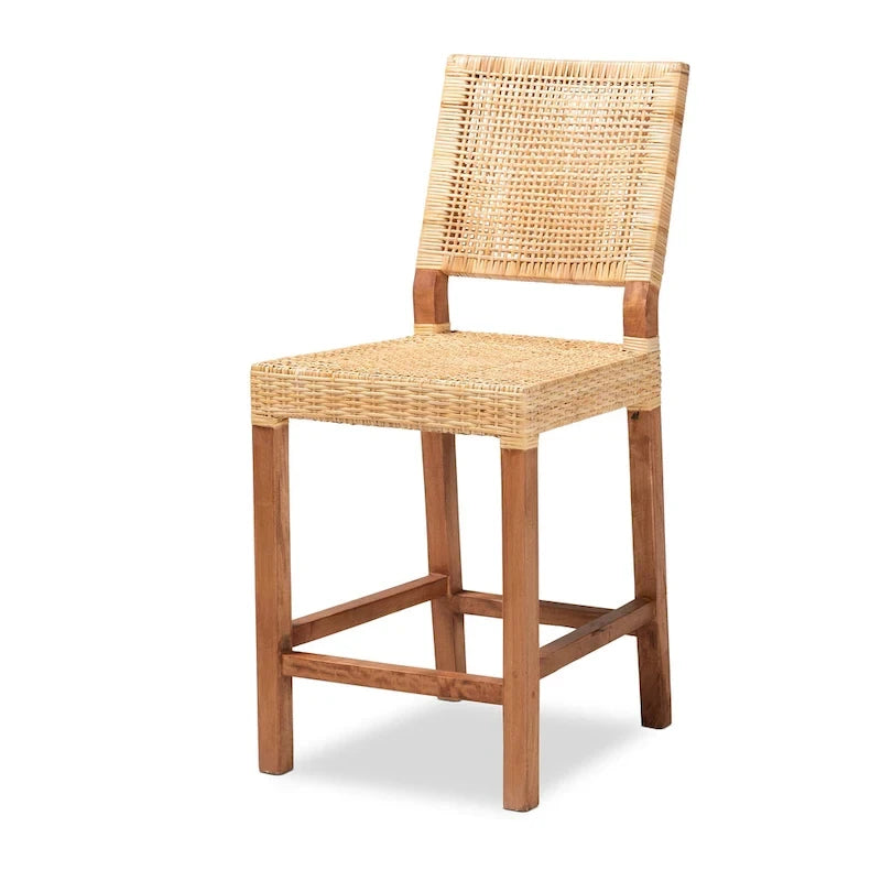 Tabouret de comptoir bohème en rotin naturel marron tressé avec cadre en bois de manguier