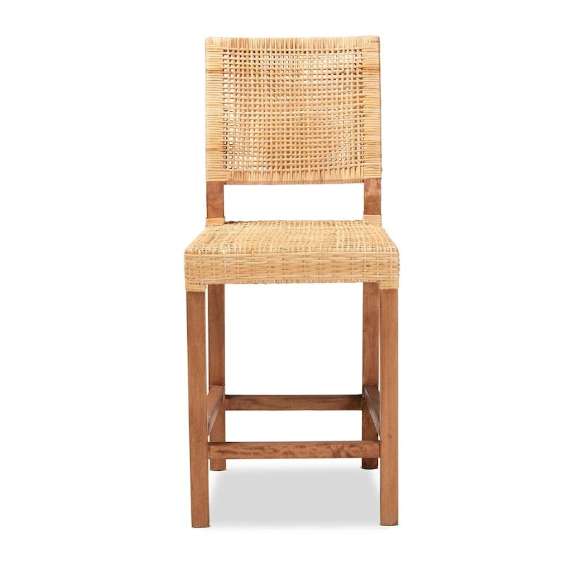 Tabouret de comptoir bohème en rotin naturel marron tressé avec cadre en bois de manguier