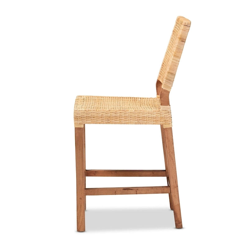 Tabouret de comptoir bohème en rotin naturel marron tressé avec cadre en bois de manguier