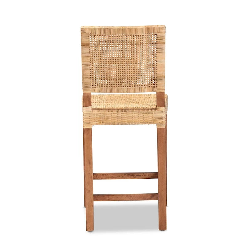 Tabouret de comptoir bohème en rotin naturel marron tressé avec cadre en bois de manguier