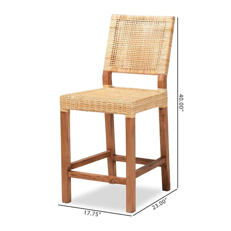 Tabouret de comptoir bohème en rotin naturel marron tressé avec cadre en bois de manguier