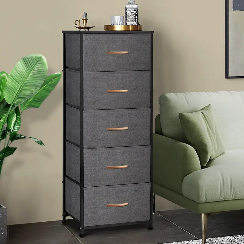 Commode à 5 tiroirs en tissu, tour de rangement verticale avec cadre métallique et plateau en bois