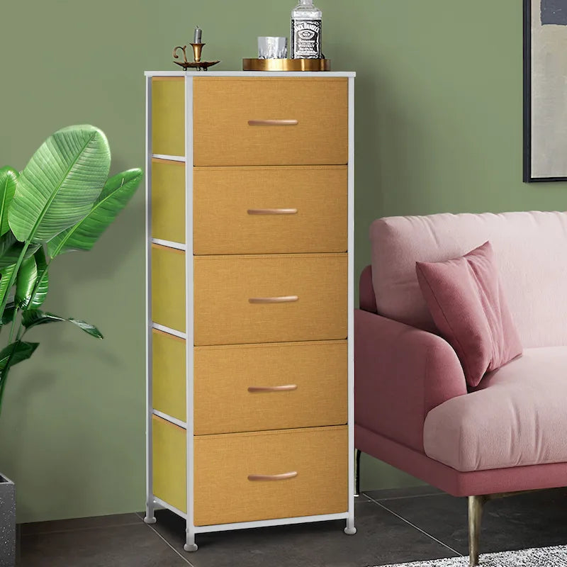 Commode à 5 tiroirs en tissu, tour de rangement verticale avec cadre métallique et plateau en bois