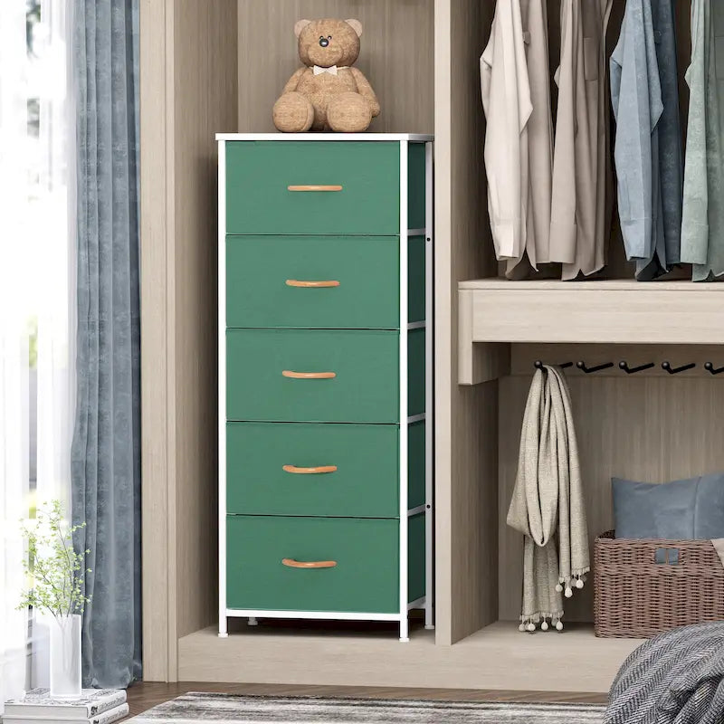 Commode à 5 tiroirs en tissu, tour de rangement verticale avec cadre métallique et plateau en bois