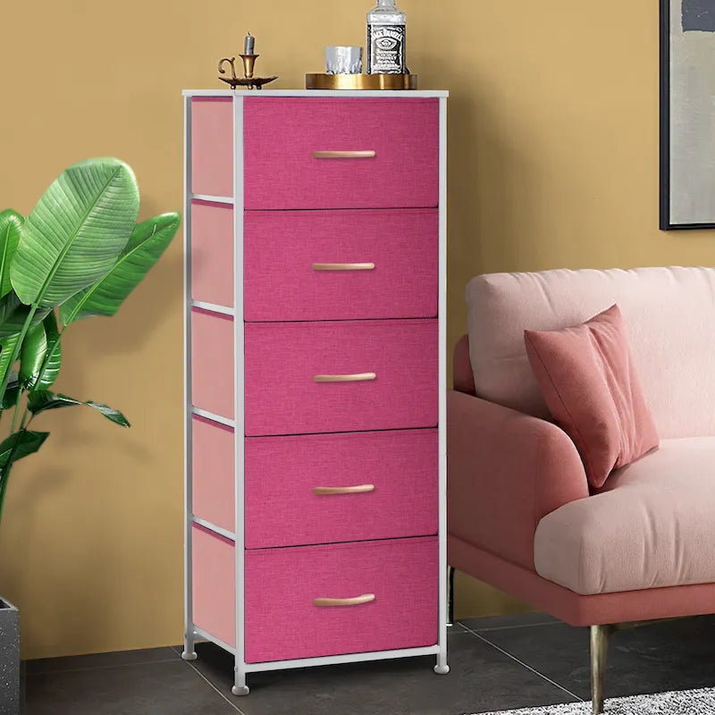 Commode à 5 tiroirs en tissu, tour de rangement verticale avec cadre métallique et plateau en bois