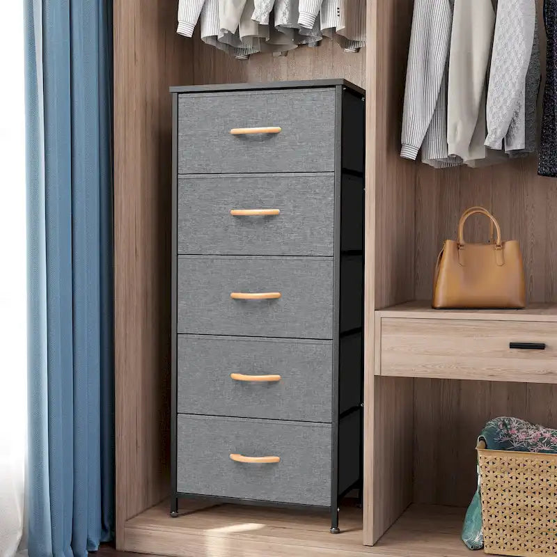 Commode à 5 tiroirs en tissu, tour de rangement verticale avec cadre métallique et plateau en bois
