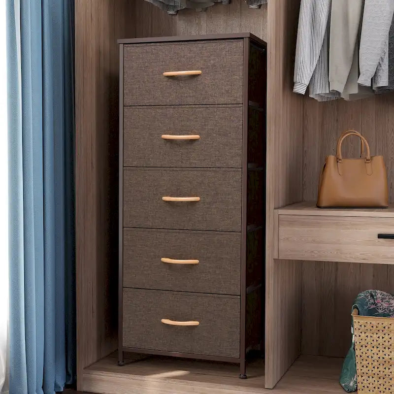 Commode à 5 tiroirs en tissu, tour de rangement verticale avec cadre métallique et plateau en bois