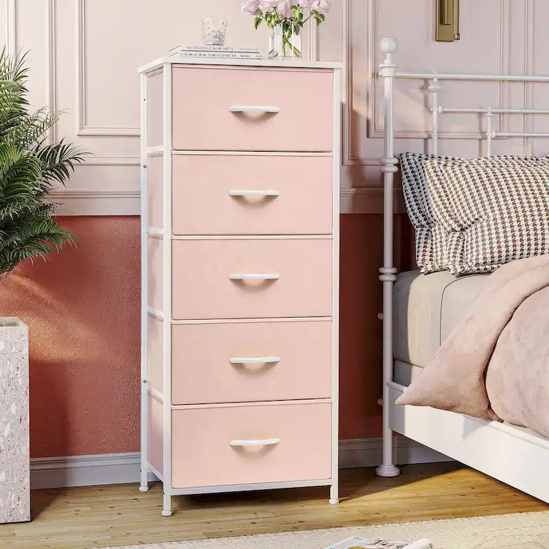 Commode à 5 tiroirs en tissu, tour de rangement verticale avec cadre métallique et plateau en bois