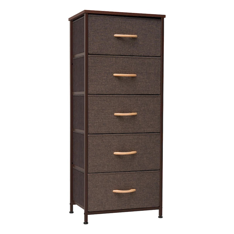 Commode à 5 tiroirs en tissu, tour de rangement verticale avec cadre métallique et plateau en bois