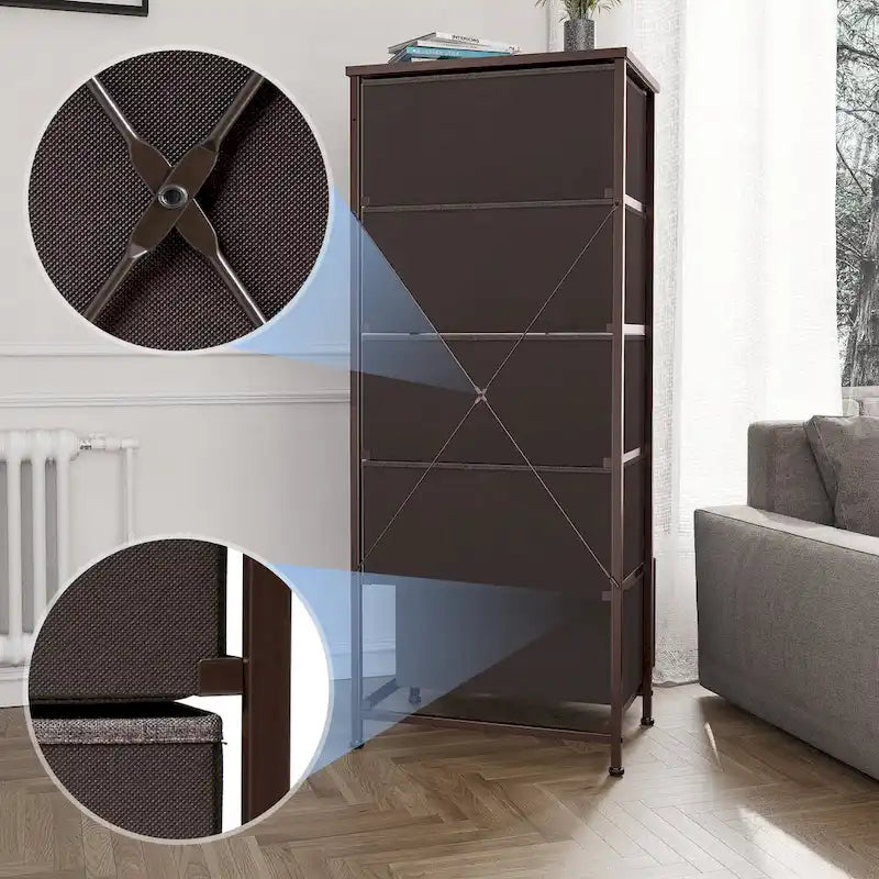 Commode à 5 tiroirs en tissu, tour de rangement verticale avec cadre métallique et plateau en bois