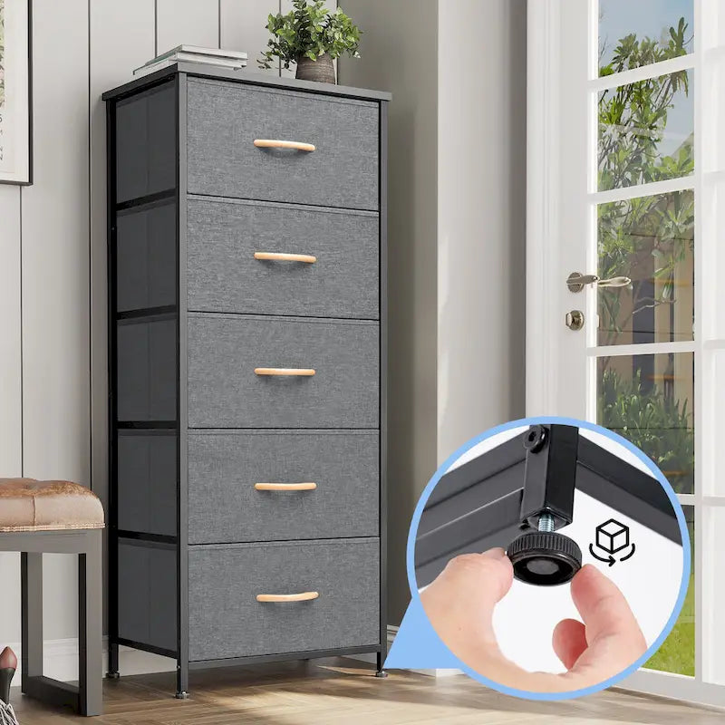 Commode à 5 tiroirs en tissu, tour de rangement verticale avec cadre métallique et plateau en bois
