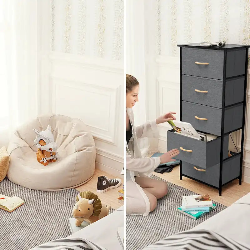 Commode à 5 tiroirs en tissu, tour de rangement verticale avec cadre métallique et plateau en bois