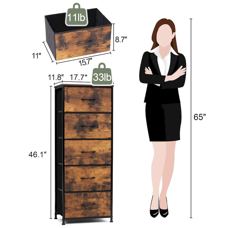 Commode à 5 tiroirs en tissu, tour de rangement verticale avec cadre métallique et plateau en bois