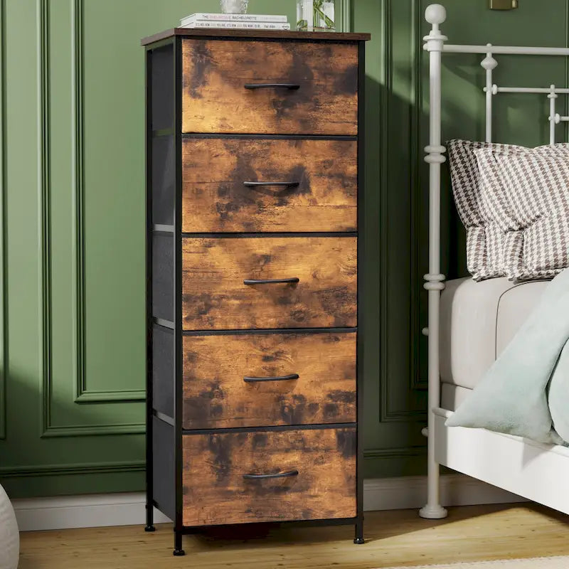Commode à 5 tiroirs en tissu, tour de rangement verticale avec cadre métallique et plateau en bois