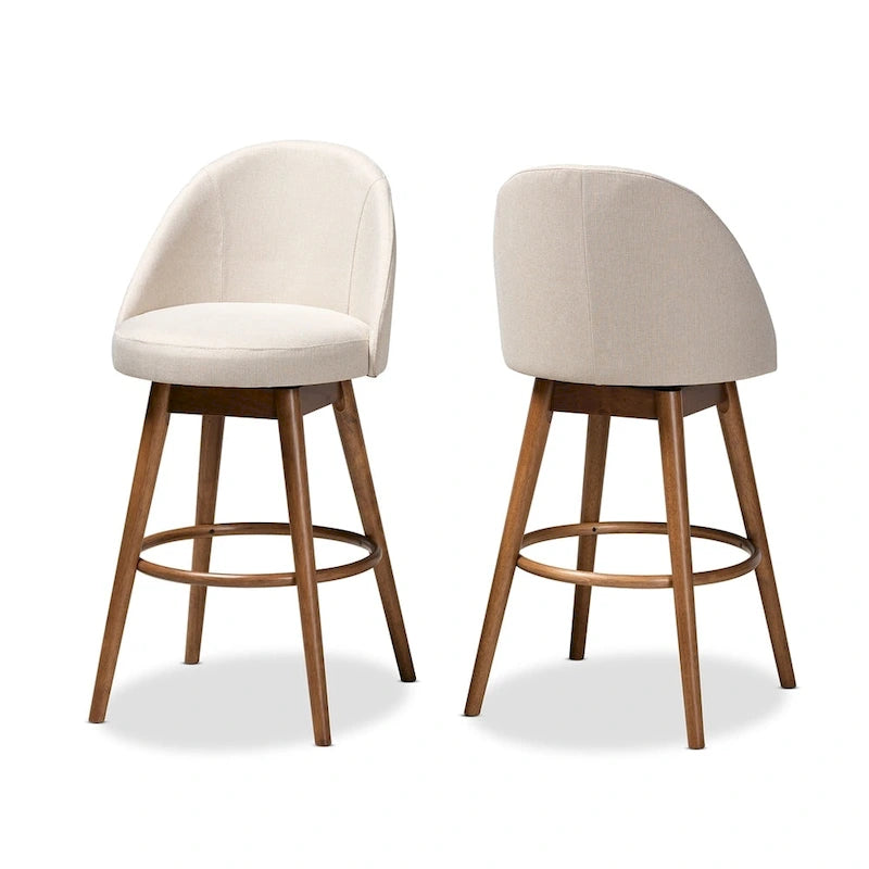 Tabouret de bar pivotant rembourré de style Mid-Century Modern avec pieds en bois de noyer, beige et gris