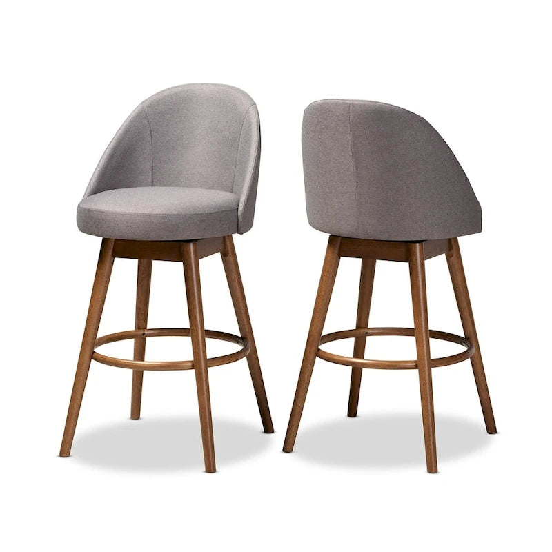 Tabouret de bar pivotant rembourré de style Mid-Century Modern avec pieds en bois de noyer, beige et gris