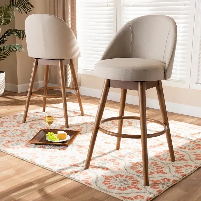 Tabouret de bar pivotant rembourré de style Mid-Century Modern avec pieds en bois de noyer, beige et gris