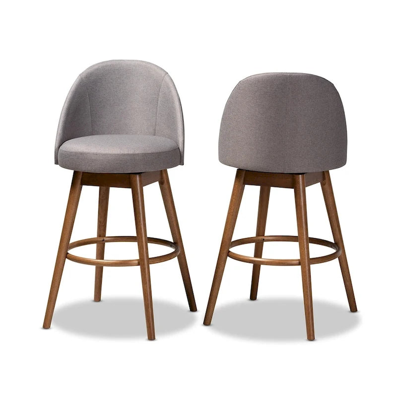 Tabouret de bar pivotant rembourré de style Mid-Century Modern avec pieds en bois de noyer, beige et gris
