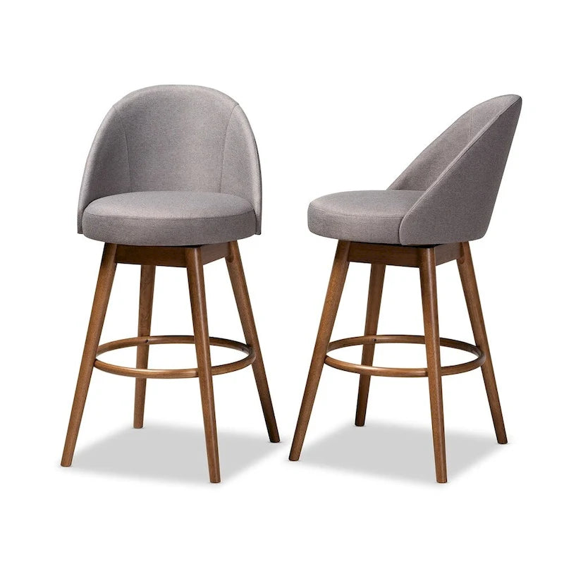 Tabouret de bar pivotant rembourré de style Mid-Century Modern avec pieds en bois de noyer, beige et gris