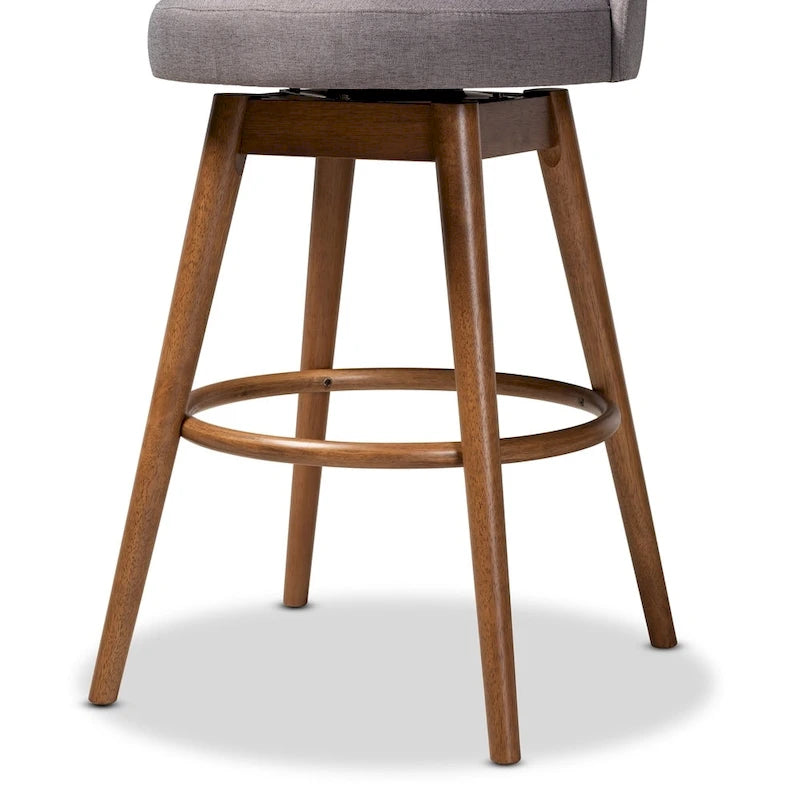Tabouret de bar pivotant rembourré de style Mid-Century Modern avec pieds en bois de noyer, beige et gris