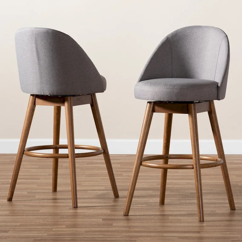 Tabouret de bar pivotant rembourré de style Mid-Century Modern avec pieds en bois de noyer, beige et gris