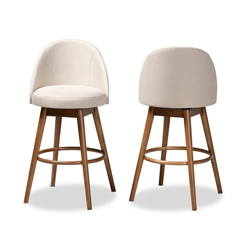 Tabouret de bar pivotant rembourré de style Mid-Century Modern avec pieds en bois de noyer, beige et gris