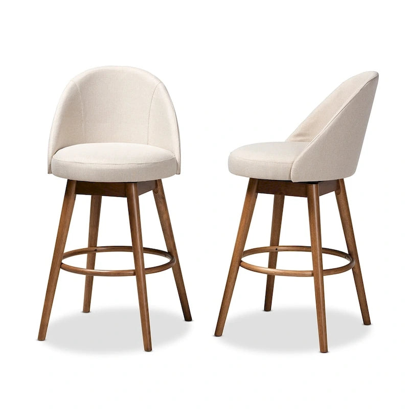 Tabouret de bar pivotant rembourré de style Mid-Century Modern avec pieds en bois de noyer, beige et gris