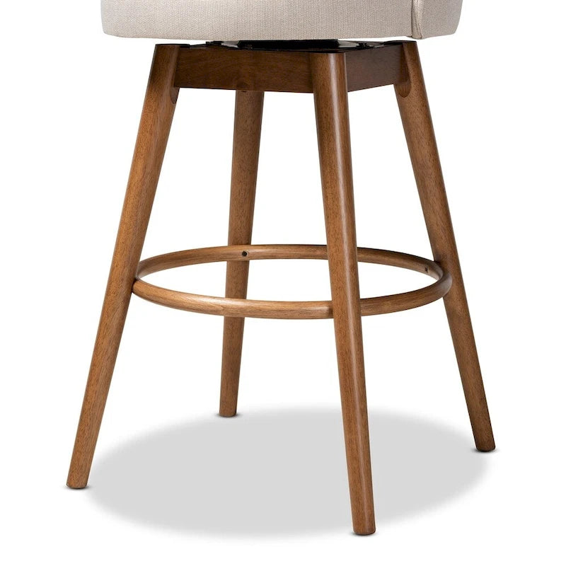 Tabouret de bar pivotant rembourré de style Mid-Century Modern avec pieds en bois de noyer, beige et gris