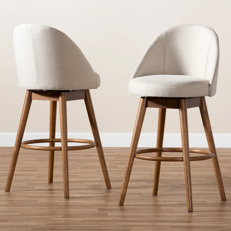 Tabouret de bar pivotant rembourré de style Mid-Century Modern avec pieds en bois de noyer, beige et gris