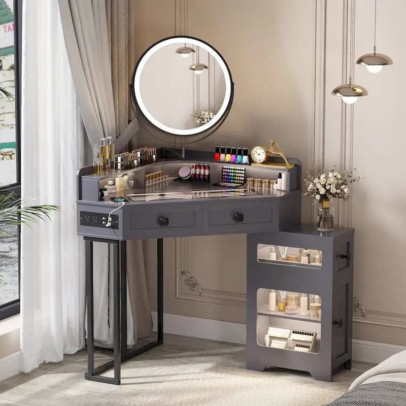 Coiffeuse d'angle avec miroir LED, tiroirs et port de charge USB, Blanc/Gris