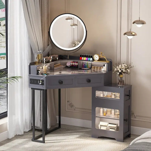 Coiffeuse d'angle avec miroir LED, tiroirs et port de charge USB, Blanc/Gris